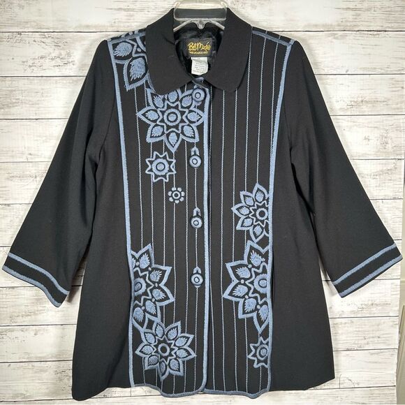 Bob Mackie Vintage Black Coat Topper 3/4 Sleeve Intricate Blue Embroidery M - Picture 3 of 8